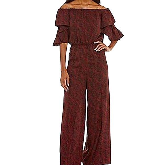 Gibson Latimer Burgundy Off Shoulder Jumpsuit Puff Butterfly Party Holiday Glam - Picture 11 of 16